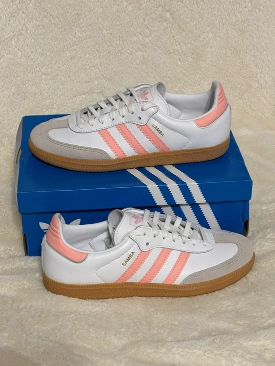 Like new, worn once - Adidas Samba White Sneakers with Pink Stripes - Picture 2 of 4